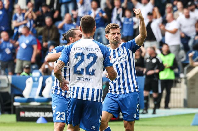 Torjubel - Torschütze Alexander Nollenberger (1. FC Magdeburg,17) trifft zum 2-0 - 2. Fußball Bundesliga Saison 2026-2027 1. FC Magdeburg vs 1. FC Kaiserslautern in der Avnet Arena in Magdeburg - Aktion,Fußball,Mann,Männer,Deutschland,12.09.2026 *** Goal celebration: Goal scorer Alexander Nollenberger of 1. FC Magdeburg, No. 17, scores to make it 2–0 in the 2026–2027 Bundesliga season, 1. FC Magdeburg vs. 1. FC Kaiserslautern at the Avnet Arena in Magdeburg. Action, soccer, man,Men, Germany, September 12, 2026