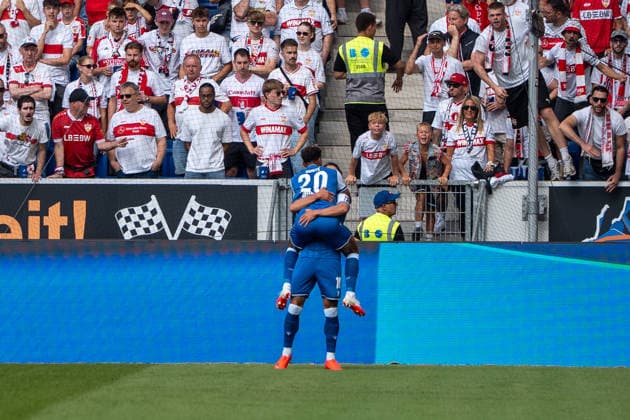Fussball: 1. Bundesliga, 3. Spieltag, TSG Hoffenheim - VfB Stuttgart am 12.09.2026 in Sinsheim (SNP Arena), Deutschland, Saison 2026 2027: Adam Hlozek (TSG Hoffenheim, 10) To Jubel BambasÃ ContÃ Conte (TSG Hoffenheim, 20) Sinsheim SNP Arena Deutschland *** Soccer, Bundesliga 1, Matchday 3: TSG Hoffenheim vs. VfB Stuttgart on September 12, 2026, at the SNP Arena in Sinsheim, Germany, 2026–2027 season; Adam Hlozek (TSG Hoffenheim), 10 goals, cheers for Bambaso Conto Conte, TSG Hoffenheim, 20 Sinsheim SNP Arena, Germany Copyright: xPhilippxImhofx