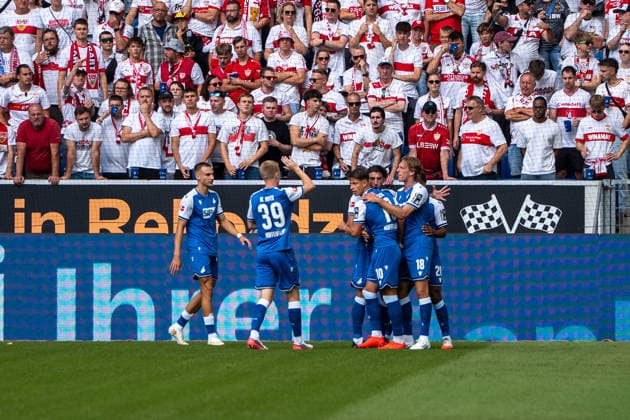 Fussball: 1. Bundesliga, 3. Spieltag, TSG Hoffenheim - VfB Stuttgart am 12.09.2026 in Sinsheim (SNP Arena), Deutschland, Saison 2026 2027: Adam Hlozek (TSG Hoffenheim, 10) To Jubel Wouter Burger (TSG Hoffenheim, 18)Mats Rots (TSG Hoffenheim, 39) Sinsheim SNP Arena Deutschland *** Soccer: Bundesliga 1, Matchday 3, TSG Hoffenheim vs. VfB Stuttgart on September 12, 2026, at the SNP Arena in Sinsheim, Germany, 2026–2027 season. Adam Hlozek (TSG Hoffenheim), 10: Goal celebration by Wouter Burger (TSG Hoffenheim), 18: Mats Rots (TSG Hoffenheim), 39: Sinsheim SNP Arena, Germany Copyright: xPhilippxImhofx