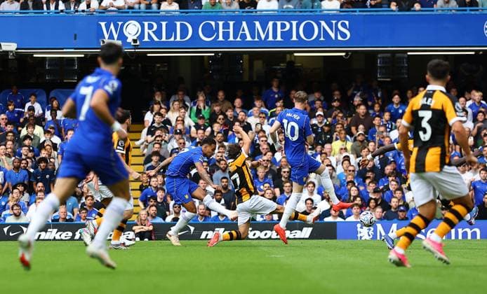 Morgan Rogers of Chelsea scores the opening goal Chelsea v Hull City, Premier League, Football, Football, Stamford Bridge, London, UK - 12 Sep 2026London Stamford Bridge United Kingdom EDITORIAL USE ONLY No use with unauthorised audio, video, data, fixture lists, club league logos or live services. Online in-match use limited to 120 images, no video emulation. No use in betting, games or single club league player publications.  Copyright: xMichaelxZemanek Shutterstockx 17144546o