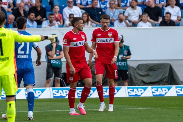 Fussball: 1. Bundesliga, 3. Spieltag, TSG Hoffenheim - VfB Stuttgart am 12.09.2026 in Sinsheim (SNP Arena), Deutschland, Saison 2026 2027: Ermedin Demirovic (VfB Stuttgart, 9) Dzenan Pejcinovic (VfB Stuttgart, 17) Sinsheim SNP Arena Deutschland *** Soccer, Bundesliga 1, Matchday 3, TSG Hoffenheim vs. VfB Stuttgart on September 12, 2026, at the SNP Arena in Sinsheim, Germany, 2026–2027 season: Ermedin Demirovic (VfB Stuttgart), 9 Dzenan Pejcinovic (VfB Stuttgart), 17 Sinsheim SNP Arena, Germany Copyright: xPhilippxImhofx