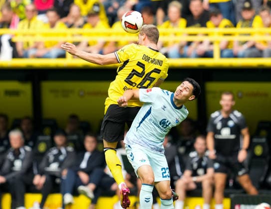 Julian Ryerson (Borussia Dortmund, 26) koepft den Ball ueber Raphael Obermair (SC Paderborn 07, 23). GER, Borussia Dortmund vs SC Paderborn 07, 1. Bundesliga, 3. Spieltag, Saison 2026-27, Signal Iduna Park, Dortmund, 12.09.2026 DFL REGULATIONS PROHIBIT ANY USE OF PHOTOGRAPHS AS IMAGE SEQUENCES AND OR QUASI-VIDEO GER, Borussia Dortmund vs SC Paderborn 07, 1. Bundesliga, 3. Spieltag, Saison 2026-27, 12.09.2026 Dortmund *** Julian Ryerson of Borussia Dortmund, 26, heads the ball over Raphael Obermair of SC Paderborn 07, 23 GER; Borussia Dortmund vs. SC Paderborn 07, 1 Bundesliga, Matchday 3, 2026–27 season, Signal Iduna Park, Dortmund, September 12, 2026. DFL regulations prohibit any use of photographs as image sequences and or quasi-video. GER, Borussia Dortmund vs. SC Paderborn 07, Bundesliga 1, Matchday 3, 2026–27 season, September 12, 2026, Dortmund Copyright: xEibner-Pressefoto ScottxColemanx EP_SCN