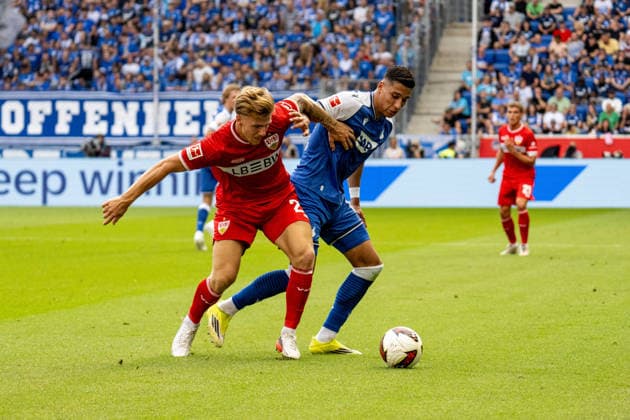 12.09.2026, xdaymx, Fussball 1.Bundesliga, TSG 1899 Hoffenheim - VfB Stuttgart. vl. Finn Jeltsch (VfB Stuttgart) im Zweikampf mit Adam Daghim (TSG Hoffenheim) (DFL DFB REGULATIONS PROHIBIT ANY USE OF PHOTOGRAPHS as IMAGE SEQUENCES and or QUASI-VIDEO) Sinsheim *** September 12, 2026, xdaymx, Soccer, Bundesliga 1, TSG 1899 Hoffenheim vs. VfB Stuttgart, photo by Finn Jeltsch: VfB Stuttgart in a tackle with Adam Daghim of TSG Hoffenheim. DFL, DFB. REGULATIONS PROHIBIT ANY USE OF PHOTOGRAPHS AS IMAGE SEQUENCES AND OR QUASI-VIDEO. Sinsheim