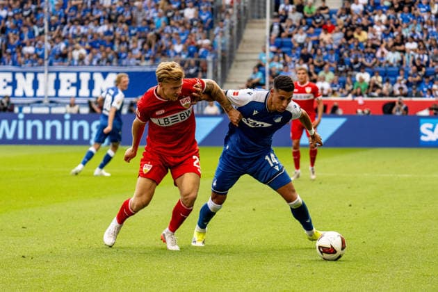 12.09.2026, xdaymx, Fussball 1.Bundesliga, TSG 1899 Hoffenheim - VfB Stuttgart. vl. Finn Jeltsch (VfB Stuttgart) im Zweikampf mit Adam Daghim (TSG Hoffenheim) (DFL DFB REGULATIONS PROHIBIT ANY USE OF PHOTOGRAPHS as IMAGE SEQUENCES and or QUASI-VIDEO) Sinsheim *** September 12, 2026, xdaymx, Soccer, Bundesliga 1, TSG 1899 Hoffenheim vs. VfB Stuttgart, photo by Finn Jeltsch: VfB Stuttgart in a tackle with Adam Daghim of TSG Hoffenheim. DFL, DFB. REGULATIONS PROHIBIT ANY USE OF PHOTOGRAPHS AS IMAGE SEQUENCES AND OR QUASI-VIDEO. Sinsheim