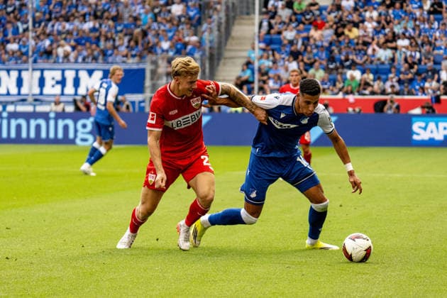 12.09.2026, xdaymx, Fussball 1.Bundesliga, TSG 1899 Hoffenheim - VfB Stuttgart. vl. Finn Jeltsch (VfB Stuttgart) im Zweikampf mit Adam Daghim (TSG Hoffenheim) (DFL DFB REGULATIONS PROHIBIT ANY USE OF PHOTOGRAPHS as IMAGE SEQUENCES and or QUASI-VIDEO) Sinsheim *** September 12, 2026, xdaymx, Soccer, Bundesliga 1, TSG 1899 Hoffenheim vs. VfB Stuttgart, photo by Finn Jeltsch: VfB Stuttgart in a tackle with Adam Daghim of TSG Hoffenheim. DFL, DFB. REGULATIONS PROHIBIT ANY USE OF PHOTOGRAPHS AS IMAGE SEQUENCES AND OR QUASI-VIDEO. Sinsheim