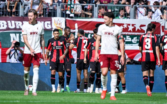 12.09.2026, xemx, Fussball 1.Bundesliga, FC Augsburg - Bayer 04 Leverkusen v.l. Christian Kofane (Bayer 04 Leverkusen) Jubel, Torjubel, celebrate the goal, jubelt ueber das Tor zum 0:1 (DFL DFB REGULATIONS PROHIBIT ANY USE OF PHOTOGRAPHS as IMAGE SEQUENCES and or QUASI-VIDEO) Augsburg *** September 12, 2026, xemx, Soccer, Bundesliga 1, FC Augsburg vs. Bayer 04 Leverkusen, Christian Kofane (Bayer 04 Leverkusen) celebrating, Goal celebration, celebrating the goal, celebrating the 0–1 goal. DFL and DFB regulations prohibit any use of photographs as image sequences and or quasi-video. Augsburg
