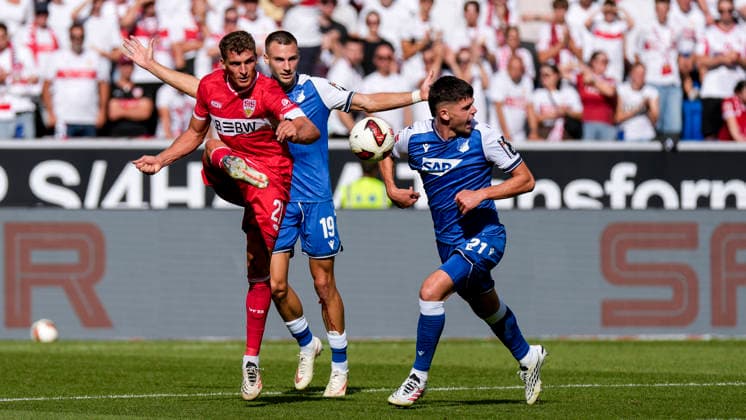 v.li.: Grischa Prömel (VfB, 21), Tim Lemperle (Hoffenheim, 19), Albian Hajdari (Hoffenheim, 21), Zweikampf, Spielszene, Duell, duel, tackle, tackling, Dynamik, Action, Aktion, 12.09.2026, Sinsheim (Deutschland), Fussball, Bundesliga, TSG 1899 Hoffenheim - VfB Stuttgart, DFB DFL REGULATIONS PROHIBIT ANY USE OF PHOTOGRAPHS AS IMAGE SEQUENCES AND OR QUASI-VIDEO. *** From left: Grischa Prömel (VfB), 21, Tim Lemperle Hoffenheim, 19, Albian Hajdari Hoffenheim, 21, tackle, game scene, duel, tackle, tackling, dynamic, action, 12 09 2026, Sinsheim, Germany, soccer, Bundesliga, TSG 1899 Hoffenheim vs. VfB Stuttgart, DFB and DFL regulations prohibit any use of photographs as image sequences and or quasi-video xozx