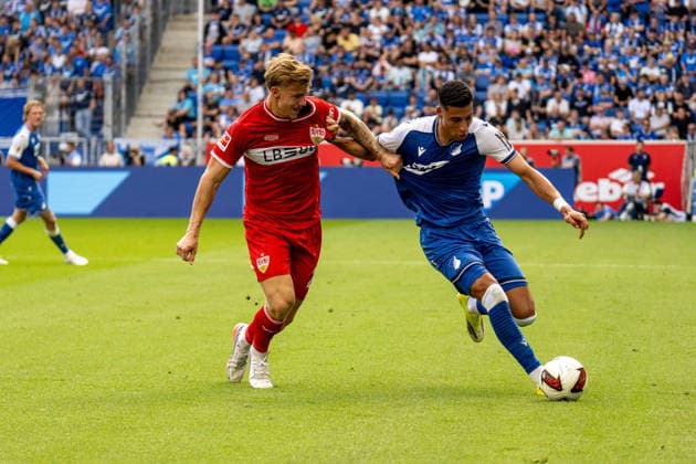 12.09.2026, xdaymx, Fussball 1.Bundesliga, TSG 1899 Hoffenheim - VfB Stuttgart. vl. Finn Jeltsch (VfB Stuttgart) im Zweikampf mit Adam Daghim (TSG Hoffenheim) (DFL DFB REGULATIONS PROHIBIT ANY USE OF PHOTOGRAPHS as IMAGE SEQUENCES and or QUASI-VIDEO) Sinsheim *** September 12, 2026, xdaymx, Soccer, Bundesliga 1, TSG 1899 Hoffenheim vs. VfB Stuttgart; Finn Jeltsch (VfB Stuttgart) in a tackle with Adam Daghim (TSG Hoffenheim); DFL; DFB; REGULATIONS PROHIBIT ANY USE OF PHOTOGRAPHS AS IMAGE SEQUENCES AND OR QUASI-VIDEO; Sinsheim
