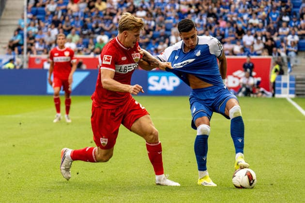 12.09.2026, xdaymx, Fussball 1.Bundesliga, TSG 1899 Hoffenheim - VfB Stuttgart. vl. Finn Jeltsch (VfB Stuttgart) im Zweikampf mit Adam Daghim (TSG Hoffenheim) (DFL DFB REGULATIONS PROHIBIT ANY USE OF PHOTOGRAPHS as IMAGE SEQUENCES and or QUASI-VIDEO) Sinsheim *** September 12, 2026, xdaymx, Soccer, Bundesliga 1, TSG 1899 Hoffenheim vs. VfB Stuttgart; Finn Jeltsch (VfB Stuttgart) in a tackle with Adam Daghim (TSG Hoffenheim); DFL; DFB; REGULATIONS PROHIBIT ANY USE OF PHOTOGRAPHS AS IMAGE SEQUENCES AND OR QUASI-VIDEO; Sinsheim