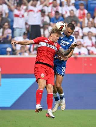 Kopfballduell Zweikampf Aktion Finn Jeltsch VfB Stuttgart (29) gegen Tim Lemperle TSG 1899 Hoffenheim (19) TSG 1899 Hoffenheim vs VfB Stuttgart 12.09.2026 DFL REGULATIONS PROHIBIT ANY USE OF PHOTOGRAPHS AS IMAGE SEQUENCES AND OR QUASI-VIDEO TSG 1899 Hoffenheim vs VfB Stuttgart *** Heading duel, tackle, action: Finn Jeltsch (VfB Stuttgart 29) vs. Tim Lemperle (TSG 1899 Hoffenheim 19); TSG 1899 Hoffenheim vs. VfB Stuttgart, September 12, 2026. DFL regulations prohibit any use OF PHOTOGRAPHS AS IMAGE SEQUENCES AND OR QUASI-VIDEO TSG 1899 Hoffenheim vs. VfB Stuttgart