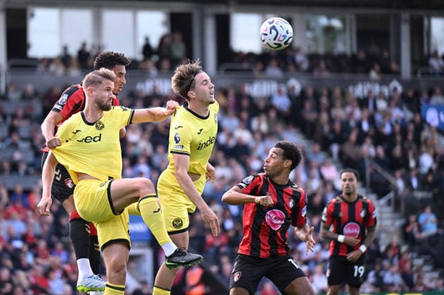 12th September 2026; Vitality Stadium, Bournemouth, England; Premier League Football, Bournemouth versus Brentford; Yegor Yarmolyuk and Kristoffer Ajer of Brentford FC compete in the air in the AFC Bournemouth penalty area SimonxWest