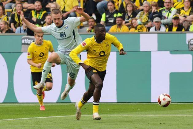 12.09.2026, xgrfx, Fussball 1.Bundesliga, Borussia Dortmund - SC Paderborn 07 v.l. Tjark Scheller (SC Paderborn), Serhou Guirassy (Borussia Dortmund) (DFL DFB REGULATIONS PROHIBIT ANY USE OF PHOTOGRAPHS as IMAGE SEQUENCES and or QUASI-VIDEO) Dortmund *** September 12, 2026, xgrfx, Soccer 1st Bundesliga, Borussia Dortmund vs. SC Paderborn 07, Tjark Scheller (SC Paderborn), Serhou Guirassy (Borussia Dortmund). DFL and DFB regulations prohibit any use of photographs as image sequences and or quasi-video. Dortmund