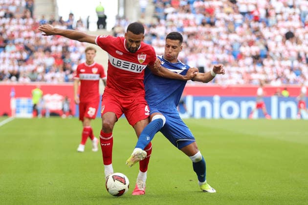 12.09.2026, xtvx, Fussball 1.Bundesliga, TSG 1899 Hoffenheim - VfB Stuttgart v.l. Zweikampf, Duell, duel, tackle, compete Josha Vagnoman (VfB Stuttgart) Adam Daghim (TSG 1899 Hoffenheim) (DFL DFB REGULATIONS PROHIBIT ANY USE OF PHOTOGRAPHS as IMAGE SEQUENCES and or QUASI-VIDEO) Sinsheim *** September 12, 2026, xtvx, Soccer, Bundesliga 1, TSG 1899 Hoffenheim vs. VfB Stuttgart, l Tackle, duel, tackle, compete, Josha Vagnoman (VfB Stuttgart) vs. Adam Daghim (TSG 1899 Hoffenheim), DFL, DFB regulations prohibit any use of photographs as image sequences and or quasi-video, Sinsheim