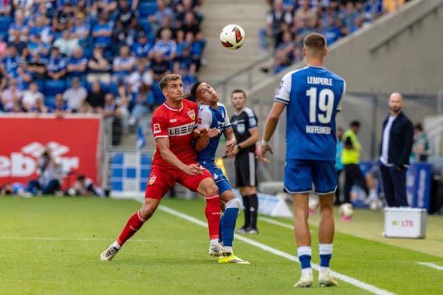 Zweikampf Grischa Proemel (VfB Stuttgart, 21) Adam Daghim (TSG Hoffenheim, 14) Mimik davor ffenheim, 19), GER, TSG Hoffenheim vs. VfB Stuttgart, Fussball, 1. Bundesliga, 03. Spieltag, Spielzeit 2026 2027, 12.09.2026, DFL DFB REGULATIONS PROHIBIT ANY USE OF PHOTOGRAPHS AS IMAGE SEQUENCES AND OR QUASI-VIDEO, GER, TSG Hoffenheim vs. VfB Stuttgart, Fussball, 1. Bundesliga, 03. Spieltag, Spielzeit 2026 2027, 12.09.2026 Sinsheim *** Tackle: Grischa Proemel (VfB Stuttgart), 21; Adam Daghim (TSG Hoffenheim), 14; facial expression beforehand (Hoffenheim), 19, GER, TSG Hoffenheim vs. VfB Stuttgart, Soccer, Bundesliga 1, Matchday 03, 2026–2027 season, September 12, 2026, DFL and DFB regulations prohibit any use of photographs as image sequences and or quasi-video, GER, TSG Hoffenheim vs. VfB Stuttgart, soccer, Bundesliga 1, Matchday 3, 2026–2027 season, September 12, 2026, Sinsheim Copyright: xEibner-Pressefoto JanixPlessx EP_JPL