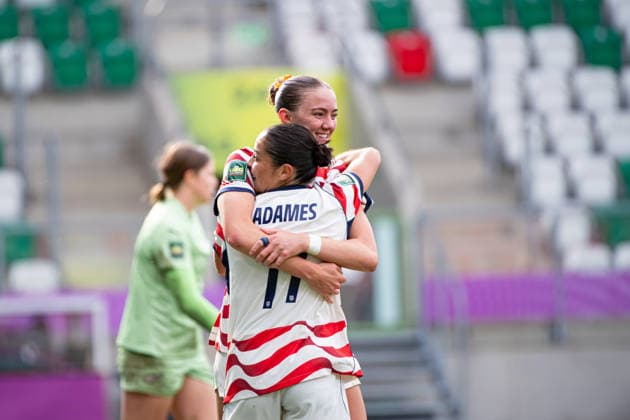 September 12, 2026, Sosnowiec, Silesian Voivodeship, Poland: BUCK ALEX of USA (9) celebrates his goal and the second of his team with ADAMES EMERI of USA (11) during the FIFA U20 Womens World Cup Poland 2026 match between New Zealand versus USA at ArcelorMittal Park Sosnowiec Poland - ZUMAs385 20260912_zsp_s385_035 Copyright: xLeopoldxSoglox