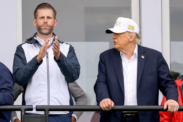 2026 Amgen Irish Open - Third Round, Trump International Golf Links, Doonbeg 12 9 2026 President of the United States of America Donald Trump watches over the eighteenth green with his son Eric Donald Trump watches over the eighteenth green with his son Eric 12 9 2026  Copyright: xx BB3_5299