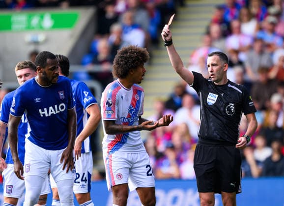 Crystal Palace v Ipswich Town Premier League Match Referee Chris Kavanagh shows a red card to Axel Disasi of Crystal Palace during the Premier League match at Selhurst Park, London 12 09 2026 UK Newspapers OUT Copyright: xGraemexWilcocksonx FIL-23935-0053