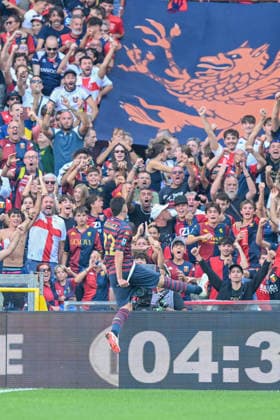 Genoa™s Johan Vasquez celebrates after scoring a goal for his team during the Serie A soccer match between Genoa and Frosinone at the Luigi Ferraris Stadium in Genoa, Italy - Saturday, September 12, 2026. - Soccer .  Copyright: xTanoxPecoraro LaPressex