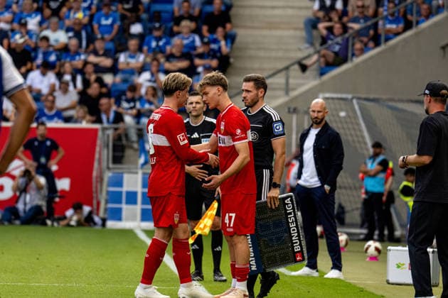 12.09.2026, xdaymx, Fussball 1.Bundesliga, TSG 1899 Hoffenheim - VfB Stuttgart. vl. Yanik Spalt (VfB Stuttgart) kommt früh für den verletzten Angelo Stiller. (DFL DFB REGULATIONS PROHIBIT ANY USE OF PHOTOGRAPHS as IMAGE SEQUENCES and or QUASI-VIDEO) Sinsheim *** September 12, 2026, xdaymx, Soccer, Bundesliga 1, TSG 1899 Hoffenheim vs. VfB Stuttgart: Yanik Spalt comes on early for the injured Angelo Stiller. DFL and DFB regulations prohibit any use of photographs as image sequences and or quasi-video. Sinsheim