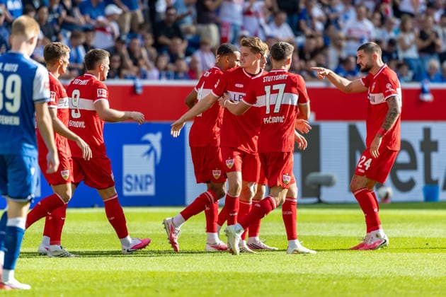 Tor 1:1 Maximilian Mittelstaedt (VfB Stuttgart, 07) feiert mit Team Jeff Chabot (VfB Stuttgart, 24) zeigt mit Finger auf Schutze Torjubel Jubel Freude Emotionen Mimik Gestik , GER, TSG Hoffenheim vs. VfB Stuttgart, Fussball, 1. Bundesliga, 03. Spieltag, Spielzeit 2026 2027, 12.09.2026, DFL DFB REGULATIONS PROHIBIT ANY USE OF PHOTOGRAPHS AS IMAGE SEQUENCES AND OR QUASI-VIDEO, GER, TSG Hoffenheim vs. VfB Stuttgart, Fussball, 1. Bundesliga, 03. Spieltag, Spielzeit 2026 2027, 12.09.2026 Sinsheim *** Goal 1 1 Maximilian Mittelstaedt (VfB Stuttgart, 07) celebrates with teammate Jeff Chabot (VfB Stuttgart, 24), who points at the goalkeeper; goal celebration, joy, emotions, facial expressions, gestures, GER, TSG Hoffenheim vs. VfB Stuttgart, Soccer, Bundesliga 1, Matchday 3, 2026–2027 Season, September 12, 2026, DFL and DFB regulations prohibit any use of photographs as image sequences and or quasi-video, GER, TSG Hoffenheim vs. VfB Stuttgart, soccer, Bundesliga 1, Matchday 3, 2026–2027 Season, September 12, 2026, Sinsheim Copyright: xEibner-Pressefoto JanixPlessx EP_JPL