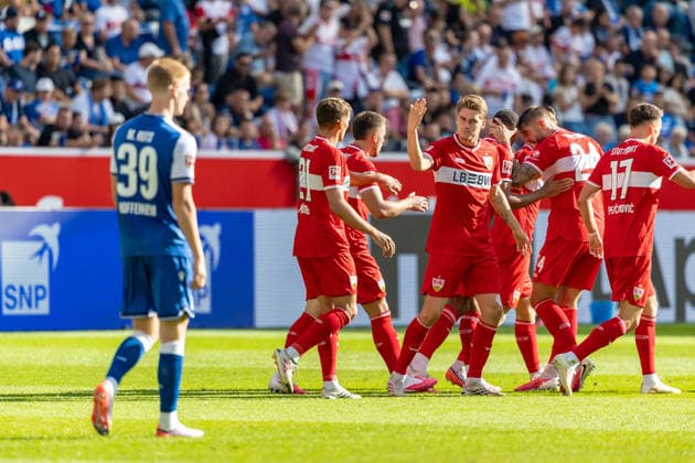 Tor 1:1 Maximilian Mittelstaedt (VfB Stuttgart, 07) Torjubel Jubel Freude Emotionen Mimik Gestik Ramon Hendriks (VfB Stuttgart, 03) feiert mit Grischa Proemel (VfB Stuttgart, 21), GER, TSG Hoffenheim vs. VfB Stuttgart, Fussball, 1. Bundesliga, 03. Spieltag, Spielzeit 2026 2027, 12.09.2026, DFL DFB REGULATIONS PROHIBIT ANY USE OF PHOTOGRAPHS AS IMAGE SEQUENCES AND OR QUASI-VIDEO, GER, TSG Hoffenheim vs. VfB Stuttgart, Fussball, 1. Bundesliga, 03. Spieltag, Spielzeit 2026 2027, 12.09.2026 Sinsheim *** Goal 1 1 Maximilian Mittelstaedt, VfB Stuttgart, 07 Goal celebration, Cheering, Joy, Emotions, Facial expressions, Gestures, Ramon Hendriks, VfB Stuttgart, 03 celebrating with Grischa Proemel, VfB Stuttgart, 21, GER, TSG Hoffenheim vs. VfB Stuttgart, Soccer, Bundesliga 1, Matchday 03, 2026–2027 Season, September 12, 2026, DFL and DFB regulations prohibit any use of photographs as image sequences and or quasi-video, GER, TSG Hoffenheim vs. VfB Stuttgart, soccer, Bundesliga 1, Matchday 3, 2026–2027 Season, September 12, 2026, Sinsheim Copyright: xEibner-Pressefoto JanixPlessx EP_JPL