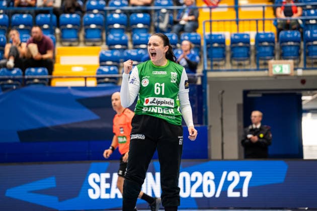 HSG Blomberg-Lippe (GER) vs. Storhamar Handball Elite (NOR), Handball, EHF Champions League Women, Gruppenphase, 12.9.2026, Saision 2026 2027, Lemgo Nicole Roth (HSG Blomberg-Lippe, 61) jubelt nach einer Parade Lemgo Phoenix Contact Arena Deutschland