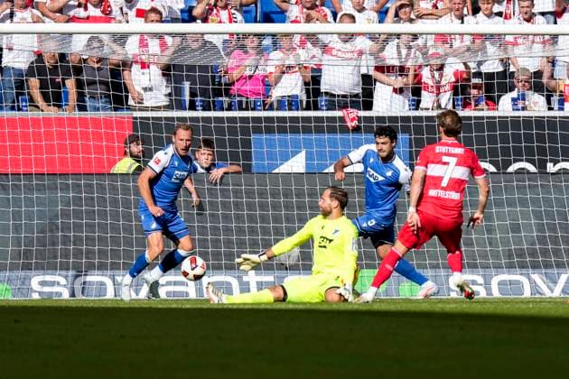 Torschütze Maximilian Mittelstädt (VfB, 7), erzielt das Tor zum 1:1, Treffer, Torerfolg, Highlight, Action, Aktion, Spielszene, 12.09.2026, Sinsheim (Deutschland), Fussball, Bundesliga, TSG 1899 Hoffenheim - VfB Stuttgart, DFB DFL REGULATIONS PROHIBIT ANY USE OF PHOTOGRAPHS AS IMAGE SEQUENCES AND OR QUASI-VIDEO. *** Goal scorer Maximilian Mittelstädt (VfB), 7, scores the goal to make it 1-1; goal, scoring, highlight, action, play, game scene, September 12, 2026, Sinsheim, Germany, soccer, Bundesliga, TSG 1899 Hoffenheim vs. VfB Stuttgart, DFB and DFL regulations prohibit any use of photographs as image sequences and or quasi-video xozx