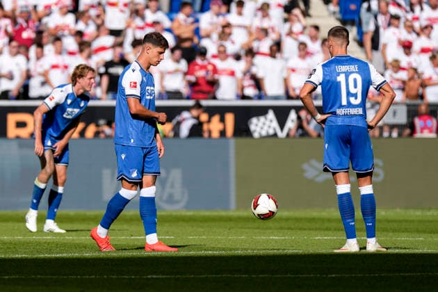 v.li.: Wouter Burger (Hoffenheim, 18), Adam Hlozek (Hoffenheim, 10), Tim Lemperle (Hoffenheim, 19), Spieler der TSG 1899 Hoffenheim, enttäuscht schauend, Enttäuschung, Frustration, disappointed, pessimistisch, nach dem Gegentor zum 1:1, Action, Aktion, Spielszene, 12.09.2026, Sinsheim (Deutschland), Fussball, Bundesliga, TSG 1899 Hoffenheim - VfB Stuttgart, DFB DFL REGULATIONS PROHIBIT ANY USE OF PHOTOGRAPHS AS IMAGE SEQUENCES AND OR QUASI-VIDEO. *** From left: Wouter Burger (Hoffenheim), 18, Adam Hlozek (Hoffenheim), 10, Tim Lemperle (Hoffenheim), 19, TSG 1899 Hoffenheim players looking disappointed, disappointment, frustration, pessimistic, after conceding the goal that tied the score at 1–1, action, game scene, September 12, 2026, Sinsheim, Germany, soccer, Bundesliga, TSG 1899 Hoffenheim vs. VfB Stuttgart, DFB and DFL regulations prohibit any use of photographs as image sequences and or quasi-video xozx