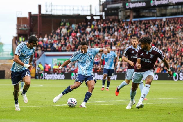 Aston Villa v Nottingham Forest, Premier League Dan Ndoye of Nottingham Forest shoots on goal during the Aston Villa v Nottingham Forest Premier League match at Villa Park, Birmingham, England on 12 September 2026 Credit: Richard Bierton Every Second Media Editorial use only. All images are copyright Every Second Media Limited. No images may be reproduced without prior permission. All rights reserved. Premier League and Football League images are subject to licensing agreements with Football DataCo Limited. see https: www.football-dataco.com Copyright: xIMAGO EveryxSecondxMediax ESM-2156-0040 RichardxBiertonx xEveryxSecondxMediax