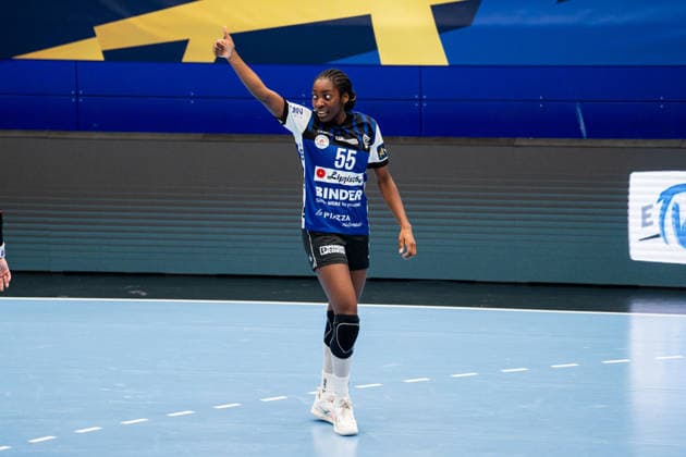 HSG Blomberg-Lippe (GER) vs. Storhamar Handball Elite (NOR), Handball, EHF Champions League Women, Gruppenphase, 12.9.2026, Saision 2026 2027, Lemgo Farrelle Njinkeu (HSG Blomberg-Lippe, 55) freut sich nach einem Tor Lemgo Phoenix Contact Arena Deutschland