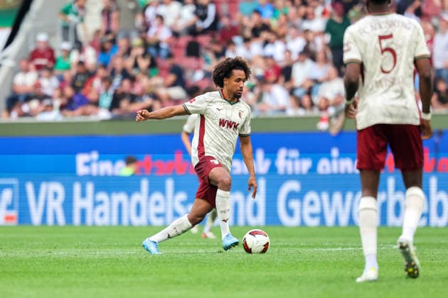 Han-Noah Massengo (FC Augsburg, 04) mit Ball, GER, FC Augsburg vs. Bayer 04 Leverkusen, Fussball, Bundesliga, 3. Spieltag, Saison 2026 2027, 12.09.2026, DFL DFB REGULATIONS PROHIBIT ANY USE OF PHOTOGRAPHS as IMAGE SEQUENCES and or QUASI-VIDEO, GER, FC Augsburg vs. Bayer 04 Leverkusen, Fussball, Bundesliga, 3. Spieltag, Saison 2026 2027, 12.09.2026 Augsburg *** Han Noah Massengo, FC Augsburg, No. 04 with the ball, GER, FC Augsburg vs. Bayer 04 Leverkusen, Soccer, Bundesliga, Matchday 3, 2026–2027 Season, September 12, 2026, DFL and DFB regulations prohibit any use of photographs as image sequences and or quasi-video, GER, FC Augsburg vs. Bayer 04 Leverkusen, soccer, Bundesliga, Matchday 3, 2026–2027 season, September 12, 2026, Augsburg Copyright: xEibner-Pressefoto JennixMaulx EP_JML