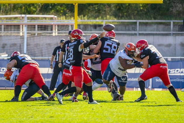 Hugh Harvey (Potsdam Royals, 08 Quarter Back) Potsdam Royals vs ifm Razorbacks Ravensburg, American Football, German Football League, Week 19, 2026, 12.09.2026, Potsdam Sportpark Luftschiffhafen Brandenburg Germany Copyright: xPFA SebastianxJustx