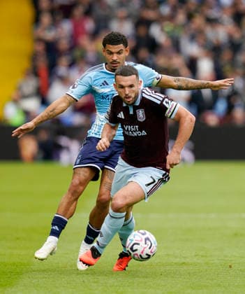 Birmingham, England, 12th September 2026. Morgan Gibbs White of Nottingham Forest tussles with John McGinn of Aston Villa during the Aston Villa vs Nottingham Forest Premier League match at Villa Park, Birmingham. Picture credit should read: Andrew Yates Sportimage EDITORIAL USE ONLY. No use with unauthorised audio, video, data, fixture lists, club league logos or live services. Online in-match use limited to 120 images, no video emulation. No use in betting, games or single club league player publications. SPI_010_AY_Villa_Forest SPI-4990-0009