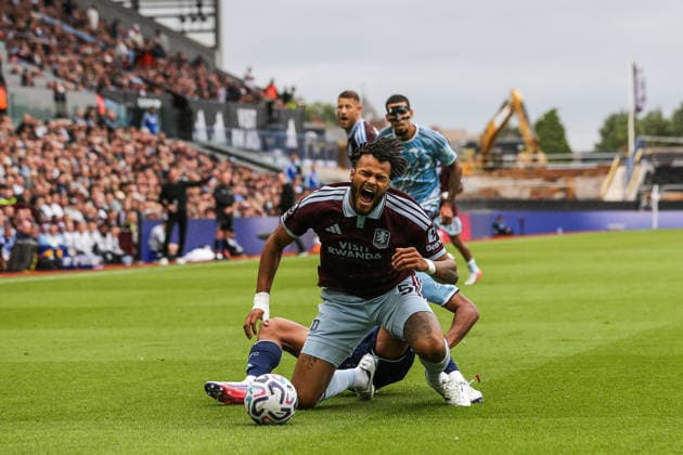 Aston Villa v Nottingham Forest, Premier League Tyrone Mings of Aston Villa is fouled by Dan Ndoye of Nottingham Forest during the Aston Villa v Nottingham Forest Premier League match at Villa Park, Birmingham, England on 12 September 2026 Credit: Richard Bierton Every Second Media Editorial use only. All images are copyright Every Second Media Limited. No images may be reproduced without prior permission. All rights reserved. Premier League and Football League images are subject to licensing agreements with Football DataCo Limited. see https: www.football-dataco.com Copyright: xIMAGO EveryxSecondxMediax ESM-2156-0046 RichardxBiertonx xEveryxSecondxMediax