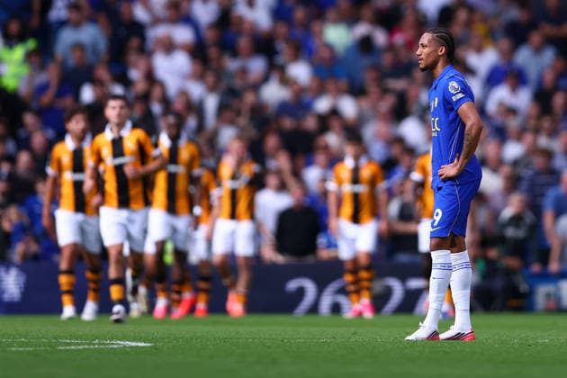 London, England, 12th September 2026. Joao Pedro of Chelsea looks dejected after Mohamed Belloumi of Hull City scores to make it 2-1 during the Chelsea vs Hull City Premier League match at Stamford Bridge, London. Picture credit should read: Paul Terry Sportimage EDITORIAL USE ONLY. No use with unauthorised audio, video, data, fixture lists, club league logos or live services. Online in-match use limited to 120 images, no video emulation. No use in betting, games or single club league player publications. SPI_014_PT_Chelsea_Hull SPI-4991-0014
