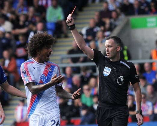 Football - 2026 2027 Premier League - Crystal Palace vs. Ipswich Town - Selhurst Park - Saturday 12th September 2026 Referee Chris Kavanagh shows Axel Disasi the red card 