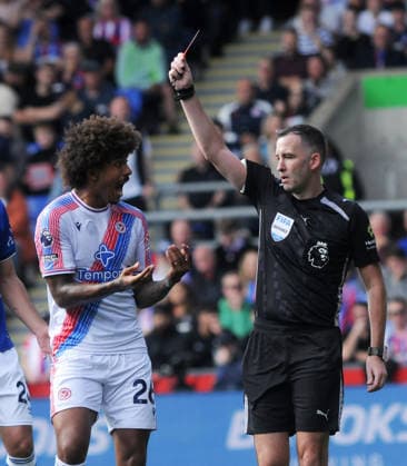 Football - 2026 2027 Premier League - Crystal Palace vs. Ipswich Town - Selhurst Park - Saturday 12th September 2026 Referee Chris Kavanagh shows Axel Disasi the red card 