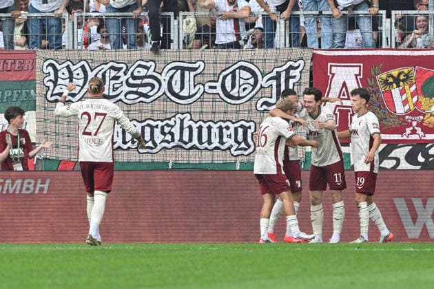 1. Fussball Bundesliga: FC Augsburg - Bayer 04 Leverkusen, 12.09.2026 AUGSBURG, GERMANY; 12. SEPTEMBER: Jubel der Augsburger nach dem Treffer zum 1-1 durch Michael GREGORITSCH (FC Augsburg 11) Tor Torschuetze Freude Happy während dem Match der Bundesliga zwischen dem FC Augsburg und Bayer 04 Leverkusen am 3. Spieltag in der WWK-Arena DFL REGULATIONS PROHIBIT ANY USE OF PHOTOGRAPHS AS IMAGE SEQUENCES AND OR QUASI-VIDEO *** 1 Bundesliga: FC Augsburg vs. Bayer 04 Leverkusen, September 12, 2026, AUGSBURG, GERMANY September 12: Augsburg fans celebrate after Michael GREGORITSCH scores the 1–1 equalizer. FC Augsburg 11 Goal Scorers Joy Happy during the Bundesliga match between FC Augsburg and Bayer 04 Leverkusen on Matchday 3 at the WWK Arena DFL regulations prohibit any use of photographs as image sequences and or quasi-video Copyright: xBEAUTIFULxSPORTS Goldbergx