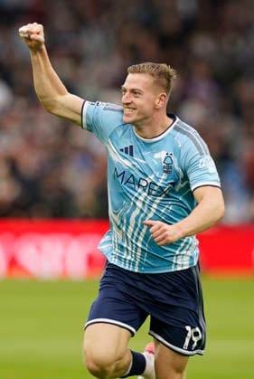 Birmingham, England, 12th September 2026. Liam Delap of Nottingham Forest celebrates scoring the first goal during the Aston Villa vs Nottingham Forest Premier League match at Villa Park, Birmingham. Picture credit should read: Andrew Yates Sportimage EDITORIAL USE ONLY. No use with unauthorised audio, video, data, fixture lists, club league logos or live services. Online in-match use limited to 120 images, no video emulation. No use in betting, games or single club league player publications. SPI_012_AY_Villa_Forest SPI-4990-0012