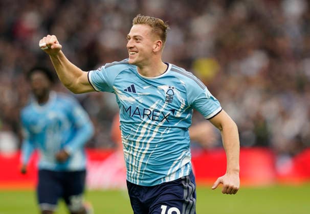 Birmingham, England, 12th September 2026. Liam Delap of Nottingham Forest celebrates scoring the first goal during the Aston Villa vs Nottingham Forest Premier League match at Villa Park, Birmingham. Picture credit should read: Andrew Yates Sportimage EDITORIAL USE ONLY. No use with unauthorised audio, video, data, fixture lists, club league logos or live services. Online in-match use limited to 120 images, no video emulation. No use in betting, games or single club league player publications. SPI_014_AY_Villa_Forest SPI-4990-0014