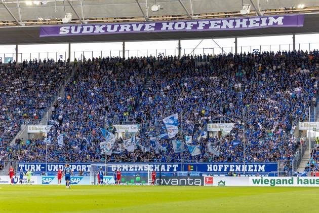 TSG Hoffenheim Fans Ultras Suedkurve in blau Fahnen Banner Schals, GER, TSG Hoffenheim vs. VfB Stuttgart, Fussball, 1. Bundesliga, 03. Spieltag, Spielzeit 2026 2027, 12.09.2026, DFL DFB REGULATIONS PROHIBIT ANY USE OF PHOTOGRAPHS AS IMAGE SEQUENCES AND OR QUASI-VIDEO, GER, TSG Hoffenheim vs. VfB Stuttgart, Fussball, 1. Bundesliga, 03. Spieltag, Spielzeit 2026 2027, 12.09.2026 Sinsheim *** TSG Hoffenheim Fans Ultras Suedkurve in blue flags, banners, and scarves, GER, TSG Hoffenheim vs. VfB Stuttgart, soccer, Bundesliga 1, Matchday 3, 2026–2027 season, September 12, 2026, DFL and DFB regulations prohibit any use of photographs as image sequences and or quasi-video, GER, TSG Hoffenheim vs. VfB Stuttgart, soccer, Bundesliga 1, Matchday 3, 2026–2027 season, September 12, 2026, Sinsheim Copyright: xEibner-Pressefoto JanixPlessx EP_JPL