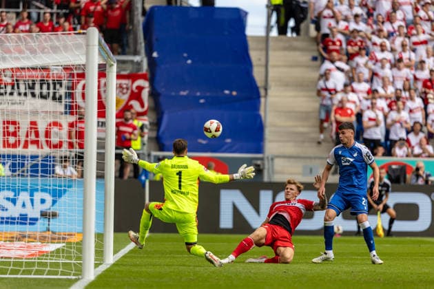 Torchance Finn Jeltsch (VfB Stuttgart, 29) lupft den Ball an die Latte Oliver Baumann (TSG Hoffenheim, 01) und Albian Hajdari (TSG Hoffenheim, 21) haben keine Chance, GER, TSG Hoffenheim vs. VfB Stuttgart, Fussball, 1. Bundesliga, 03. Spieltag, Spielzeit 2026 2027, 12.09.2026, DFL DFB REGULATIONS PROHIBIT ANY USE OF PHOTOGRAPHS AS IMAGE SEQUENCES AND OR QUASI-VIDEO, GER, TSG Hoffenheim vs. VfB Stuttgart, Fussball, 1. Bundesliga, 03. Spieltag, Spielzeit 2026 2027, 12.09.2026 Sinsheim *** Scoring chance: Finn Jeltsch (VfB Stuttgart, 29) lobs the ball onto the crossbar; Oliver Baumann (TSG Hoffenheim, 01) and Albian Hajdari (TSG Hoffenheim, 21) have no chance. GER, TSG Hoffenheim vs. VfB Stuttgart, Soccer, Bundesliga 1, Matchday 03, 2026–2027 season, September 12, 2026, DFL and DFB regulations prohibit any use of photographs as image sequences and or quasi-video, GER, TSG Hoffenheim vs. VfB Stuttgart, soccer, Bundesliga 1, Matchday 3, 2026–2027 Season, September 12, 2026, Sinsheim Copyright: xEibner-Pressefoto JanixPlessx EP_JPL