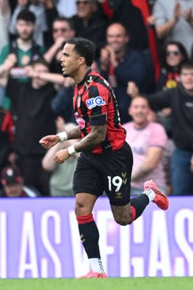 12th September 2026; Vitality Stadium, Bournemouth, England; Premier League Football, Bournemouth versus Brentford; Justin Kluivert of AFC Bournemouth celebrates scoring in 39th minute bringing the score to 1-1 SimonxWest
