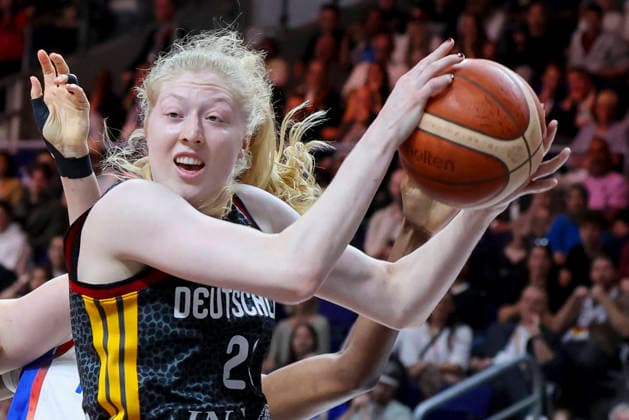 Frieda Buhner (Germany) controls the ball during the FIBA Women s Basketball World Cup Germany 2026 semifinals match between France and Germany at Berlin Arena on September 12, 2026 in Berlin, Germany. (Photo by Marco Steinbrenner DeFodi Images) -