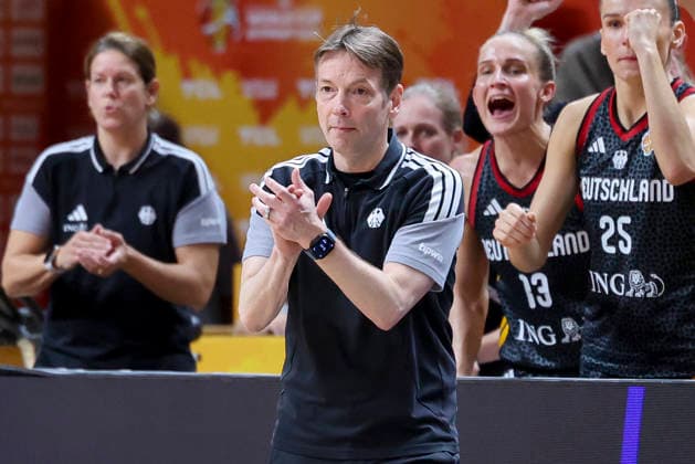 Bundestrainer Olaf Lange (Germany) cheers during the FIBA Women s Basketball World Cup Germany 2026 semifinals match between France and Germany at Berlin Arena on September 12, 2026 in Berlin, Germany. (Photo by Marco Steinbrenner DeFodi Images) -