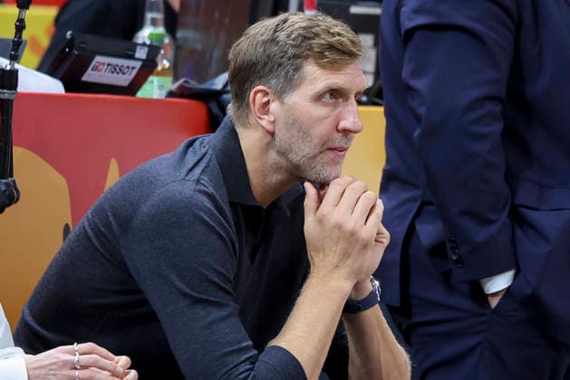 Dirk Nowitzki looks dejected during the FIBA Women s Basketball World Cup Germany 2026 semifinals match between France and Germany at Berlin Arena on September 12, 2026 in Berlin, Germany. (Photo by Marco Steinbrenner DeFodi Images) -