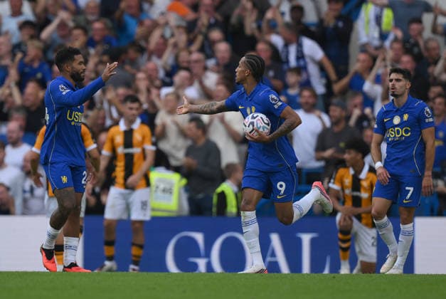 Chelsea v Hull City Premier League Chelsea s Joao Pedro (centre) celebrates scoring their second goal during the Premier League match at Stamford Bridge, London 12 09 2026 UK Newspapers OUT Copyright: xDanielxHamburyx FIL-23926-0126