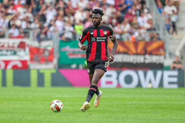 Edmond Tapsoba (Bayer 04 Leverkusen, 12) mit Ball, GER, FC Augsburg vs. Bayer 04 Leverkusen, Fussball, Bundesliga, 3. Spieltag, Saison 2026 2027, 12.09.2026, DFL DFB REGULATIONS PROHIBIT ANY USE OF PHOTOGRAPHS as IMAGE SEQUENCES and or QUASI-VIDEO, GER, FC Augsburg vs. Bayer 04 Leverkusen, Fussball, Bundesliga, 3. Spieltag, Saison 2026 2027, 12.09.2026 Augsburg *** Edmond Tapsoba, Bayer 04 Leverkusen, No. 12 with the ball, GER, FC Augsburg vs. Bayer 04 Leverkusen, Soccer, Bundesliga, Matchday 3, 2026–2027 Season, September 12, 2026, DFL and DFB regulations prohibit any use of photographs as image sequences and or quasi-video, GER, FC Augsburg vs. Bayer 04 Leverkusen, soccer, Bundesliga, Matchday 3, 2026–2027 season, September 12, 2026, Augsburg Copyright: xEibner-Pressefoto JennixMaulx EP_JML