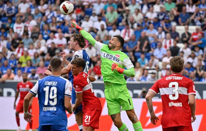 Strafraumszene, Torraumszene Torwart Fabian Bredlow VfB Stuttgart (01) Aktion gegen Wouter Burger TSG 1899 Hoffenheim (18) TSG 1899 Hoffenheim vs VfB Stuttgart 12.09.2026 DFL REGULATIONS PROHIBIT ANY USE OF PHOTOGRAPHS AS IMAGE SEQUENCES AND OR QUASI-VIDEO TSG 1899 Hoffenheim vs VfB Stuttgart *** Penalty area play, Goalmouth action: Goalkeeper Fabian Bredlow (VfB Stuttgart 01) in a play against Wouter Burger (TSG 1899 Hoffenheim 18). TSG 1899 Hoffenheim vs. VfB Stuttgart, September 12, 2026. DFL regulations prohibit any use of photographsOGRAPHS AS IMAGE SEQUENCES AND OR QUASI-VIDEO TSG 1899 Hoffenheim vs. VfB Stuttgart