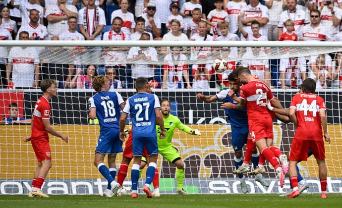Strafraumszene, Torraumszene Kopfballduell Zweikampf Aktion Jeff Chabot VfB Stuttgart (24) gegen Torwart Oliver Baumann TSG 1899 Hoffenheim (01) TSG 1899 Hoffenheim vs VfB Stuttgart 12.09.2026 DFL REGULATIONS PROHIBIT ANY USE OF PHOTOGRAPHS AS IMAGE SEQUENCES AND OR QUASI-VIDEO TSG 1899 Hoffenheim vs VfB Stuttgart *** Penalty area play, Goalmouth action, header duel, tackle, Jeff Chabot (VfB Stuttgart 24) vs. goalkeeper Oliver Baumann (TSG 1899 Hoffenheim 01), TSG 1899 Hoffenheim vs. VfB Stuttgart, September 12, 2026, DFL REGULATIONS PROHIBIT ANY USE OF PHOTOGRAPHS AS IMAGE SEQUENCES AND OR QUASI-VIDEO TSG 1899 Hoffenheim vs. VfB Stuttgart